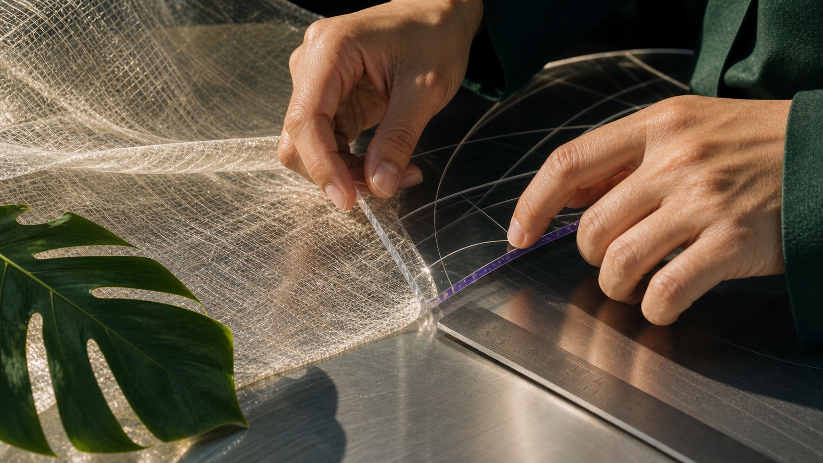 Hands align translucent woven material with a clear pattern sheet on a metal worktable.