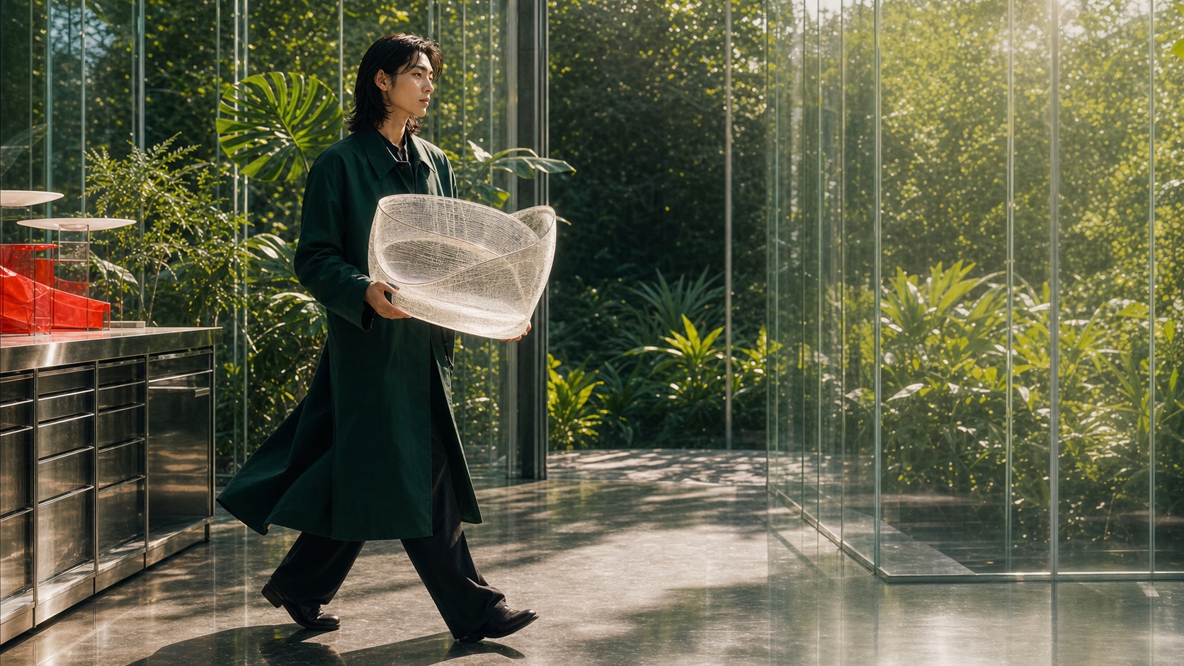A creative director carries a finished translucent woven form through a sunlit glasshouse.