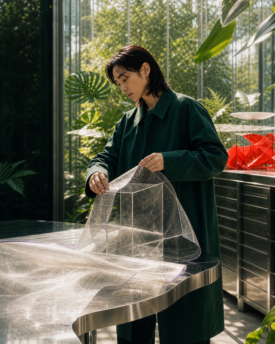 A creative director fits translucent material around a clear architectural form.