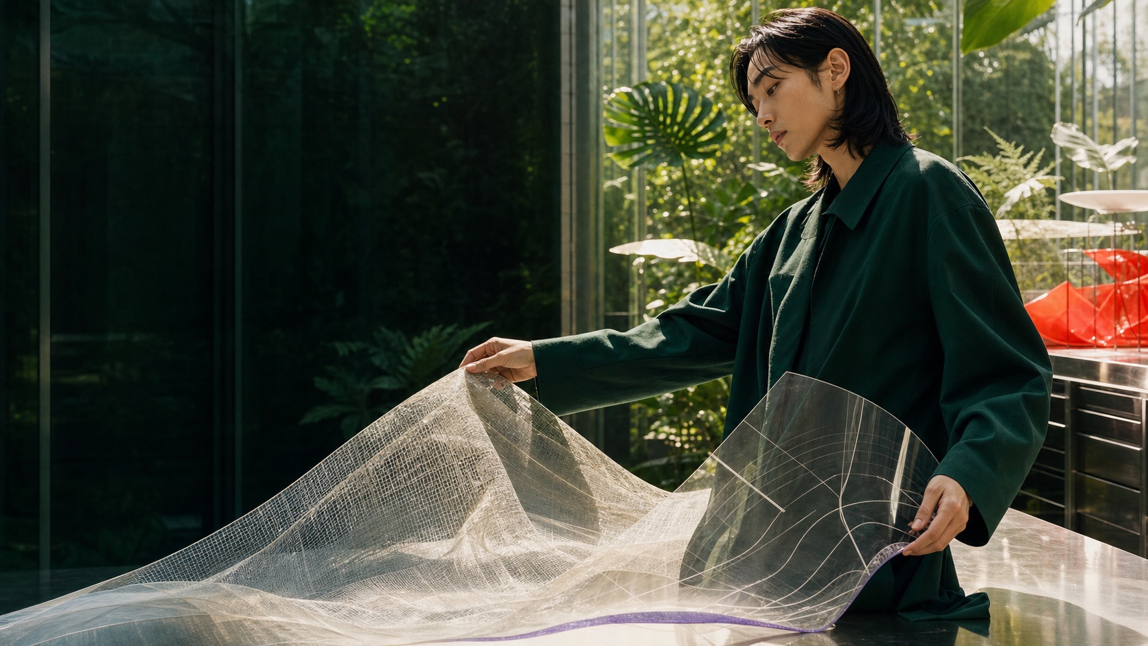 A creative director in a sunlit glasshouse shapes translucent woven material over a clear pattern sheet.