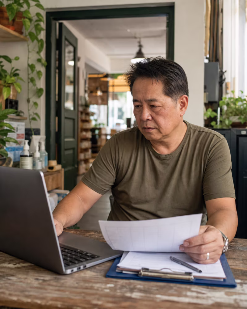 A Filipino business owner reviews a laptop and a paper checklist
